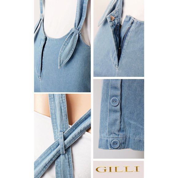 Denim Blue Cotton Wide Leg Crop Overall Jumpsuit - Picture 5 of 8